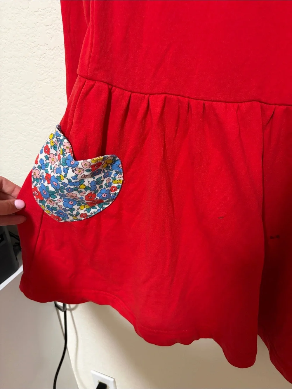 Mini Boden Red Long-Sleeve Dress with Floral Pockets